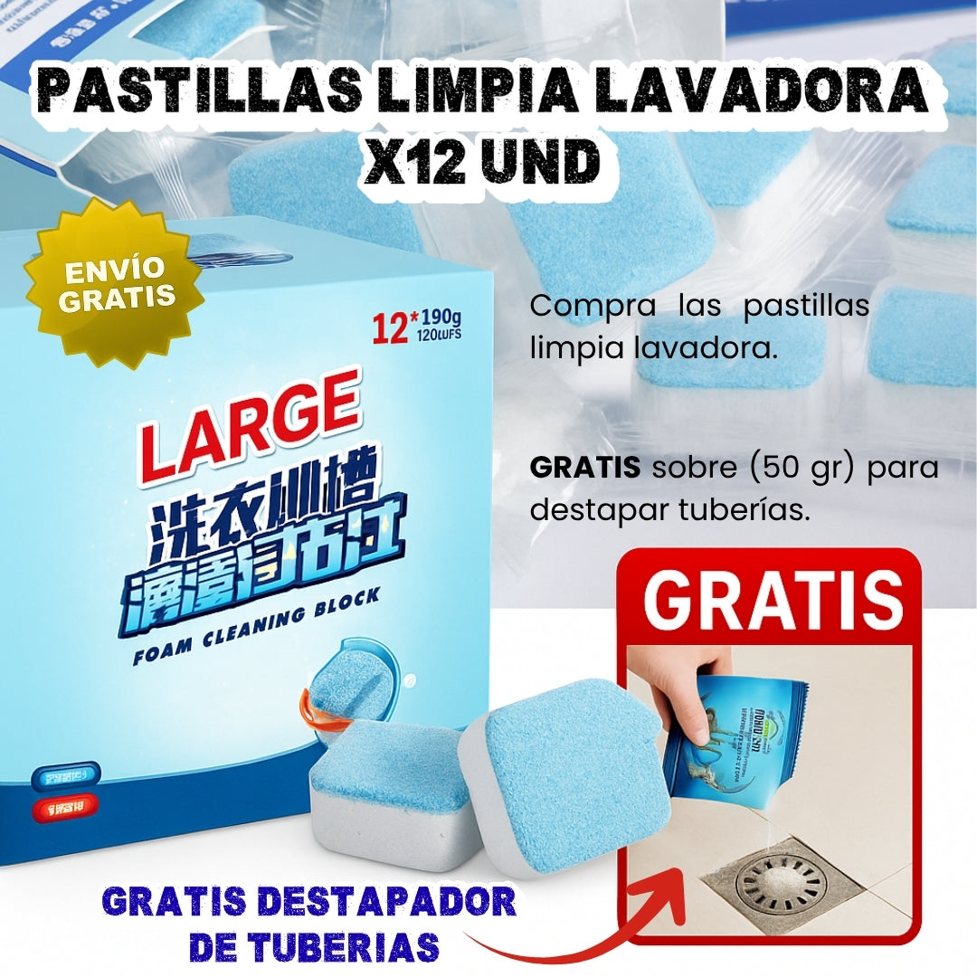 Pastilla Limpiador de Lavadora x 12 unid GRATIS Destapador de Tubería.